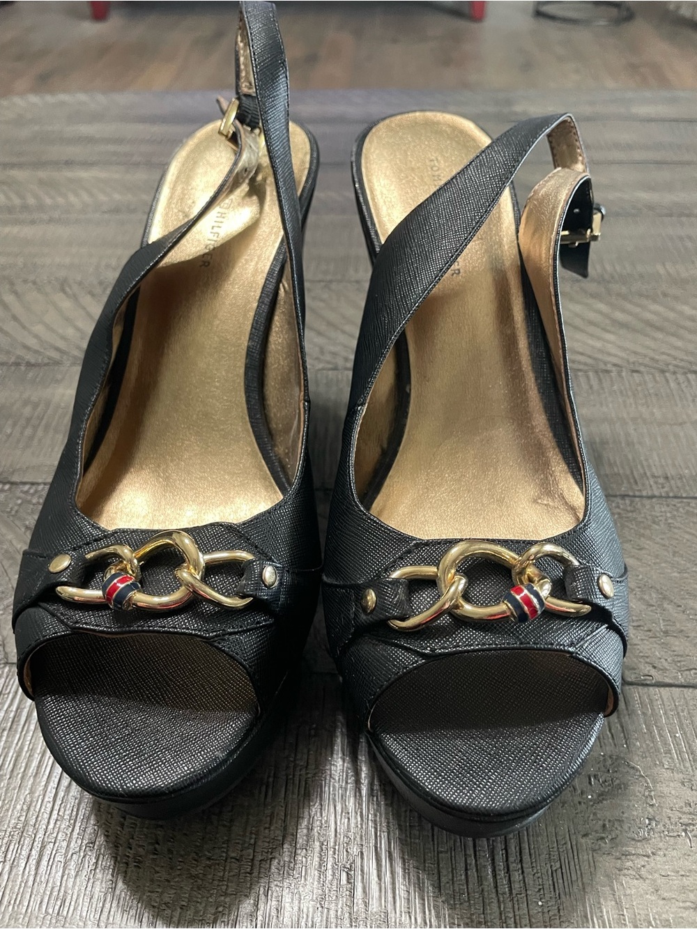 Tommy Hilfiger Black Slingback Peep-Toe Heels with Gold Chain Detail